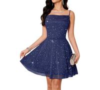 Bridesmay Women's Spaghetti Strap Sparkly Short Prom Dresses,Cowl Neck Flowy Cocktail Dress for Wedding Guest, Homecoming, Navy, L