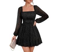 Bridesmay Women's Sparkly Lantern Sleeve Short Party Dresses 2026 Square Neck Flowy Mini Prom Dress