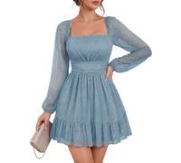 Bridesmay Women's Sparkly Lantern Sleeve Short Party Dresses 2026 Square Neck Flowy Mini Prom Dress