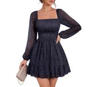 Bridesmay Women's Sparkly Lantern Sleeve Short Party Dresses 2026 Square Neck Flowy Mini Prom Dress