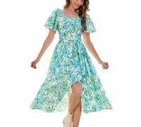 Bridesmay Women's Summer Floral Dresses Flutter Short Sleeves A-Line Maxi Dress Off The Shoulder Dress for Women Green Blue Flower S