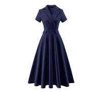 Bridesmay Women's Vintage Wedding Guest Church Dress Collar Short Sleeve, Modest A-Line Work Dresses for Women Midi Length (Navy, XS)
