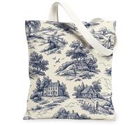 Bridge Canvas Tote Bag for Women, Rustic Countryside Trees Houses None Navy Washable Reusable Grocery Bags Ideas for Travel, Navy, 13x15 Inch