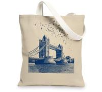 Bridge Canvas Tote Bags, Artistic Skyline Design Reusable Shopping Bags, Vintage Lightweight Washable Shoulder Strap Canvas, Beige, 13x15 Inch