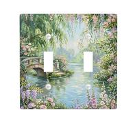Bridge Double Light Switch Cover Plate, Nature Romantic Flowers Water Spring Green Plastic Standard Size Decorative Wall Plates for Living Room Bedroom Home Office Decor