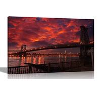 Bridge in New York with Red Sky Canvas Wall Art Pictures Stretched and Framed Home Office Bedroom Prints City Photos 30 x 20cm (12 x 8 inches) A4