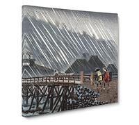 Bridge in the Rain by Kobayashi Kiyochika Asian Japanese Canvas Wall Art Print Ready to Hang, Framed Picture for Living Room Bedroom Home Office Décor, 14x14 Inch (35x35 cm)