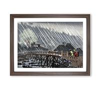 Bridge In The Rain By Kobayashi Kiyochika Asian Japanese Framed Wall Art Print, Ready to Hang Picture for Living Room Bedroom Home Office Décor, Walnut A3 (46 x 34 cm)