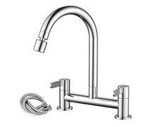 Bridge Kitchen Sink Mixer Taps, 360° Swivel Spout Kitchen Cold and Hot Mixer Tap, 2 Hole Deck Mounted Chrome Dual Handle Bridge Tap, with 60cm Water Hose for Kitchens,Bathroom
