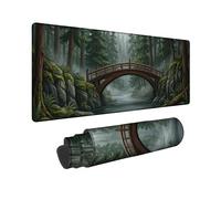 Bridge Large Mouse Pad, Nature Scenic Trees Rocks Fall Green Rubber Non Slip XL Stitched Edge MouseMat Decor for Home Office Work Gaming Desk 12x32 Inch