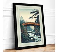 Bridge Over Mountain Ravine Japandi Framed Wall Art Print A3 (42×29.7cm) Black, Wall Decor for Living Room, Bedroom, Office & Home, Ready to Hang, Art Gift
