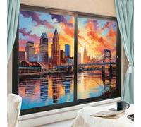 Bridge Riverside Landscape Window Film Sun Blocking Modern Sunset Tall Buildings House Window Tint Film Adhesive Glass Cling Coverings for Home Decorative 60 x 90 cm x2 Pcs