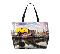 Bridge Sunset River Landscape Print Large Waterproof Beach Tote Bag for Women with Zip and Pockets Foldable Handbag for Travel Pool Shopping Holiday Gym