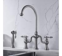 Bridge Taps with Spray Traditional Kitchen Sink Mixer Tap Gooseneck Double Handle Hot Cold Water Mixer Tap for Kitchen Sink,Chrome