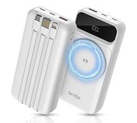 Bridje Magnetic Power Bank 20000mAh Wireless & Wired Portable Charger with 4 Built-In Cables, LCD Display, 22.5W Fast Charging for iPhone, Android Phones, Tablets & USB-C Devices - White