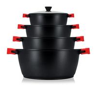 briebe Black Titanium Cookware Set of 8 Non-Stick Titanium Cookware Set of 4 Cast Aluminium Pots Without PFOA, Set of Pots and Lids Glass, Removable Silicone Handles, Ceramic Hob, Gas, Oven