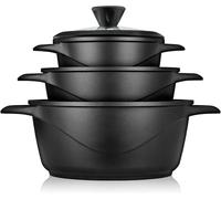 briebe Cookware Set 6 Piece, 3 Cast Aluminium Casseroles Dish Cast Aluminium, ILAG GRANITEC Non-Stick, Set of Pots and Lids Glass, Silicone Gloves, Ceramic Hob, Gas, Oven, MGK-18S