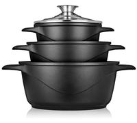 briebe Cookware Set 6 Piece, 3 Cast Aluminium Casseroles Dish Cast Aluminium, ILAG GRANITEC Non-Stick, Set of Pots and Lids Glass, Silicone Gloves, Ceramic Hob, Gas, Oven