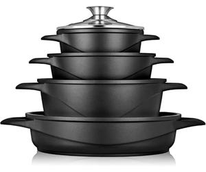 briebe Cookware Set 8 Piece, 4 Cast Aluminium Casseroles Dish Cast Aluminium, ILAG GRANITEC Non-Stick, Set of Pots and Lids Glass, Silicone Gloves, Ceramic Hob, Gas, Oven