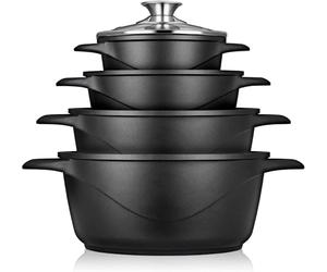 briebe Cookware Set 8 Piece, 4 Cast Aluminium Casseroles Dish Cast Aluminium, ILAG GRANITEC Non-Stick, Set of Pots and Lids Glass, Silicone Gloves, Ceramic Hob, Gas, Oven