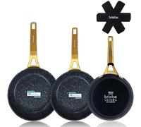 briebe Gold Titanium Set of 3 Frying Pans Induction, Non-Stick Titanium 18-20-24cm, Forged Aluminum, PFOA-Free Coating, Professional Stainless Steel Handle, Ceramic Hob, Gas, 3 Protectors