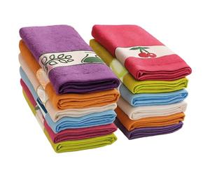 briebe Home 12 Terry Kitchen Cloths 100% Cotton, 50 x 45 cm, Made in Portugal, Multi-Coloured with Embroidered Design, Set of Soft Towels
