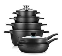 briebe Induction Cookware Set 12 Pieces, 4 Cast Aluminium Casseroles Dish + 2 Frying Pans, Non-Stick ILAG Granitec PFOA-Free, Set of Pots and Glass Lids, Silicone Gloves, Ceramic Hob, Gas, Oven