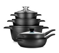 briebe Induction Cookware Set of 10 Pieces, 3 Cast Aluminium Pots + 2 Frying Pans, Non-Stick ILAG Granitec PFOA-Free, Set of Pots and Lids Glass, Silicone Gloves, Ceramic Hob, Gas, Oven