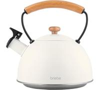 briebe Nordic Whistling Induction Kettle, 2.3L, Stainless Steel, Suitable for All Hobs: Ceramic Hob, Gas, Electric, Cool Touch Wooden Handle, Vintage, For Tea, Coffee, Tea Pot, White