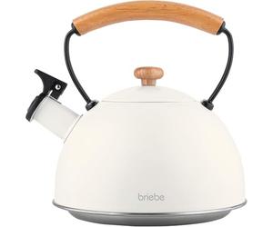 briebe Nordic Whistling Induction Kettle, 2.3L, Stainless Steel, Suitable for All Hobs: Ceramic Hob, Gas, Electric, Cool Touch Wooden Handle, Vintage, For Tea, Coffee, Tea Pot, White