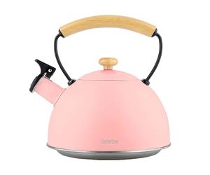 briebe Retro Whistling Induction Teapot 2.3L, Infusions, Stainless Steel Water Kettle, All Types of Kitchens, Ceramic Hob, Gas, Cold Touch Wood Handle, Vintage Design, Tea Pot, Pastel Pink