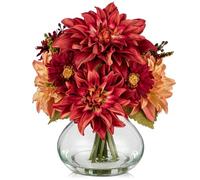 Briful 10.6" Burgundy Artificial Dahlia Flowers in Vase, Opulent Elegant Silk Flowers with Glass Vase for Table Centerpieces, Autumn Decorations