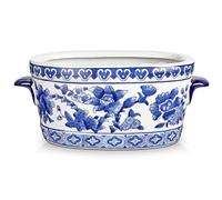 Briful 10.6" Large Blue and White Ceramic Pot - Vintage Planter Floral Oval Cachepot Vase for Indoor Plants, Flowers & Succulents - Glazed Chinese Porcelain Style Decorative Bowl - No Drainage