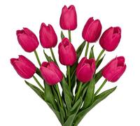 Briful 10PCS Artificial Tulips Real Touch Hot Pink Artificial Flowers Bulk Fake Tulips PU Latex Material Faux Flowers Wedding Bouquet for Garden Party Home Decoration