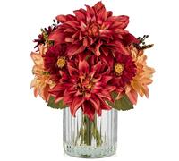 Briful 11.8" Artificial Dahlia Flowers in Vase Silk Flowers in Faux Water, Burgundy Artificial Flowers Fake Chrysanthemum with Glass Vase for Table Centerpieces Autumn Decorations