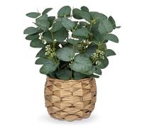 Briful 11" Silk Eucalyptus Fake Plant in Woven Cane Pot - Decorative Artificial Eucalyptus with Seeds for Home Living Room Decor