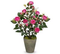 Briful 15" Artificial Flowers Silk Roses Artificial Camellia Rose in Rustic Cement Pot, 38CM Hot Pink Fake Roses Decorative Artificial Flowers for Home Kitchen Bathroom Decor