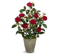 Briful 15" Artificial Flowers Silk Roses Artificial Camellia Roses in Rustic Cement Pot, 38CM Dark Red Fake Roses Decorative Artificial Flowers for Home Kitchen Bathroom Decor