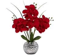 Briful 17.3" Velvet Orchid Artificial Flowers in Silver Ceramic Pot, Silk Flowers Faux Orchid Plant Red Artificial Phalaenopsis for Wedding, Coffee Table Centerpiece, Home Decor