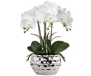 Briful 17" Artificial Orchid Phalaenopsis Flowers Decorative Bonsai Fake Flower, Real Touch Artificial Flowers with Silver Ceramic Pot for Table Centerpieces Living Room Home Décor