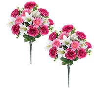 Briful 2-pack Artificial Flowers for Graves, Pink Lily Flower Bouquet Silk Flowers Fuchsia Artificial Roses Like Real, Faux Chrysanthemum Flower for Indoor Outdoor Decorations