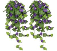 Briful 2-pack Artificial Morning Glory Silk Flowers Hanging Bush, 25.6" Tall Purple Artificial Flowers Fake Hanging Plants for Kitchen Bathroom Shelf Wall Decorations