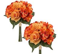 Briful 2 Pack Artificial Roses Hydrangea Flower Bouquet Fake Silk Flowers Bush 9 Heads Autumn Artificial Flowers Bouquet for Wedding Table Centerpieces Home Office Decoration (Orange)