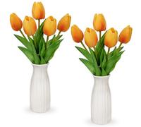 Briful 2 Packs Fake Flowers Artificial Tulips with Ceramic Vase, Orange Artificial Flowers Poly Foam Tulips Real Touch Flowers Artificial in Vase for Home Decor, Centerpieces, Wedding Decoration