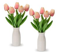 Briful 2 Packs Fake Flowers Artificial Tulips with Ceramic Vase, Pink Artificial Flowers Poly Foam Tulips Real Touch Flowers Artificial in Vase for Home Decor, Centerpieces, Wedding Decoration