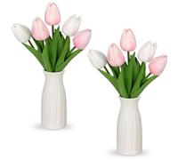 Briful 2 Packs Fake Flowers Artificial Tulips with Ceramic Vase, Pink&White Artificial Flower Poly Foam Tulips Artificial Flowers in Vase for Home Decor, Centerpieces, Wedding Decoration