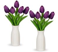 Briful 2 Packs Fake Flowers Artificial Tulips with Ceramic Vase, Purple Artificial Flowers Poly Foam Tulips Real Touch Flowers Artificial in Vase for Home Decor, Centerpieces, Wedding Decoration