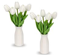 Briful 2 Packs Fake Flowers Artificial Tulips with Ceramic Vase, White Artificial Flowers Poly Foam Tulips Real Touch Flowers Artificial in Vase for Home Decor, Centerpieces, Wedding Decoration