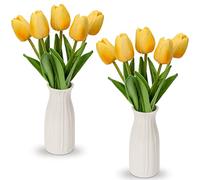 Briful 2 Packs Fake Flowers Artificial Tulips with Ceramic Vase, Yellow Poly Foam Tulips Real Touch Flowers Artificial in Vase for Home Decor, Centerpieces, Wedding Decoration