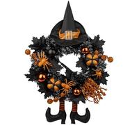 Briful 20" Halloween Wreath for Front Door, Tinsel Black Witch Artificial Wreath with Hat Legs and Orange Pumpkins for Autumn Indoor Window Door Thanksgiving Halloween Decorations